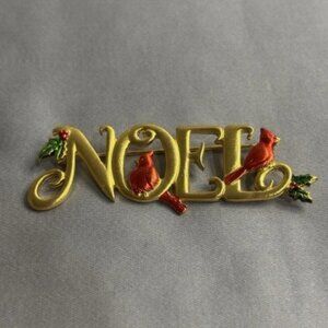 Vintage NOEL Holiday Pin – Gold with Cardinals & Holly Accents
